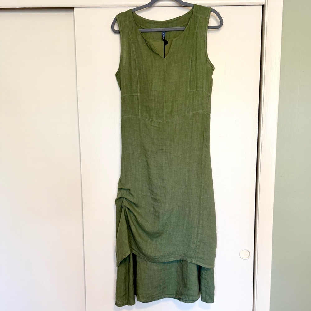 Inizio Italian Linen Green Sleeveless Asymmetric Hem Dress M NWT (36” Bust)